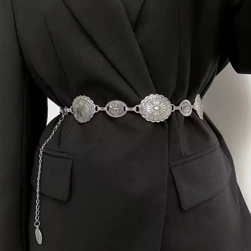 Vintage Elegant Silver Chain Medallion Belt
